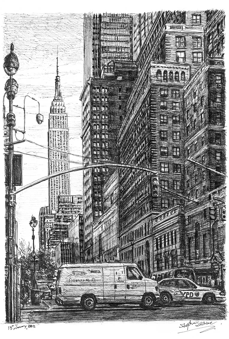 Street scene of 34th street New York - Original Drawings and Prints for Sale