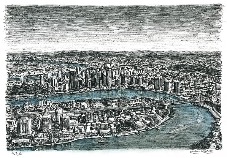 Aerial view of Brisbane - Original Drawings and Prints for Sale