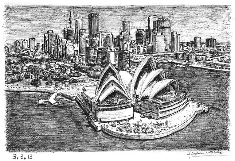 Sydney Opera House and skyline - Original Drawings and Prints for Sale