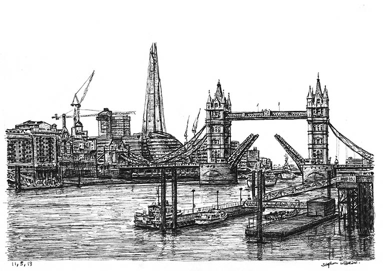 View of the Shard and Tower Bridge - Original Drawings and Prints for Sale
