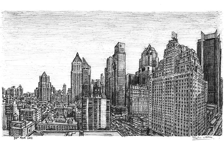 Manhattan skyline from the Intercontinental Hotel - Original Drawings and Prints for Sale