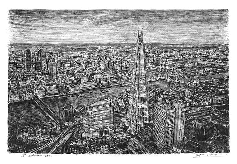 Aerial view of the Shard in the evening - Original Drawings and Prints for Sale