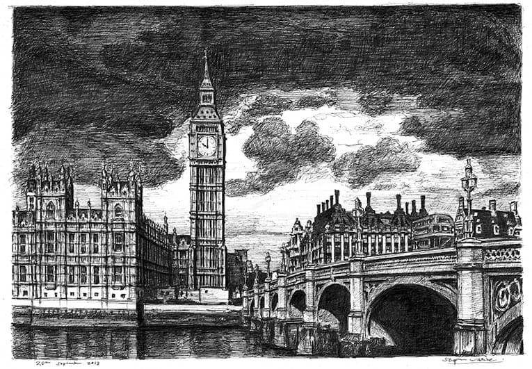 Big Ben and Westminster Bridge London - Original Drawings and Prints for Sale
