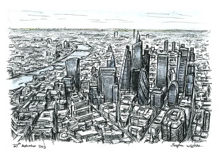 Aerial view of City of London skyscrapers of the future - Original Drawings and Prints for Sale