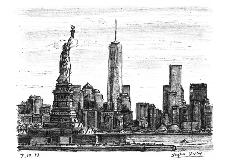 Statue of Liberty & the view of Freedom Tower - Original Drawings and Prints for Sale