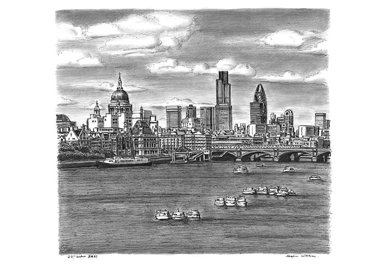 St Pauls Cathedral and London skyline with River Thames - Original Drawings and Prints for Sale