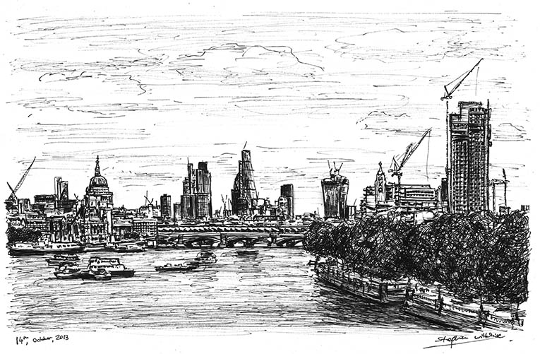 St Pauls Cathedral & London skyline from Waterloo Bridge - Original Drawings and Prints for Sale