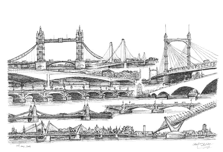 Montage of bridges in London - Original Drawings and Prints for Sale