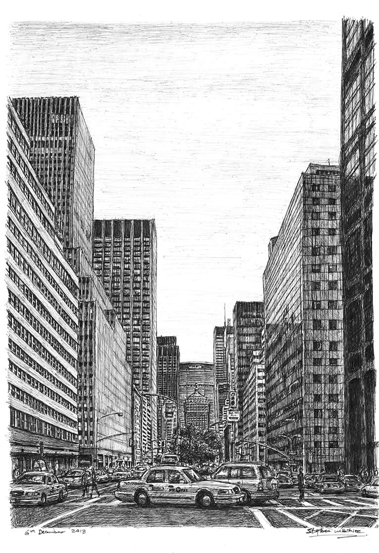 New York street scene on Park Avenue - Original Drawings and Prints for Sale