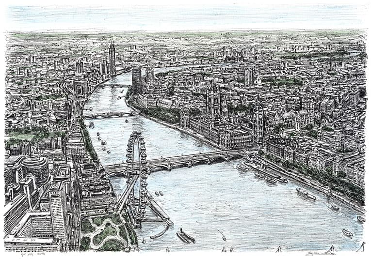 Aerial view of Houses of Parliament Limited Edition of 75 - Original Drawings and Prints for Sale