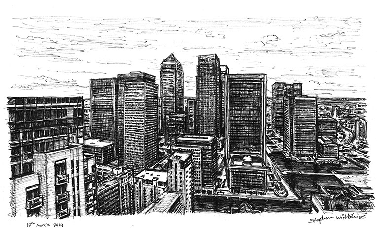 View of Canary Wharf from Pan Peninsula - Original Drawings and Prints for Sale