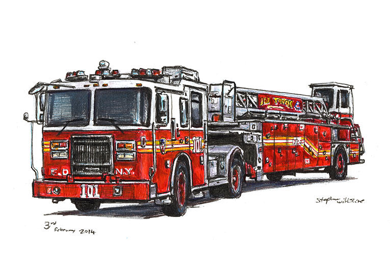 FDNY 2013 Seagrave Tiller Ladder 101 - Original Drawings and Prints for Sale