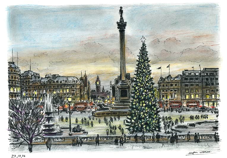 Trafalgar Square on a Christmas evening - Original Drawings and Prints for Sale
