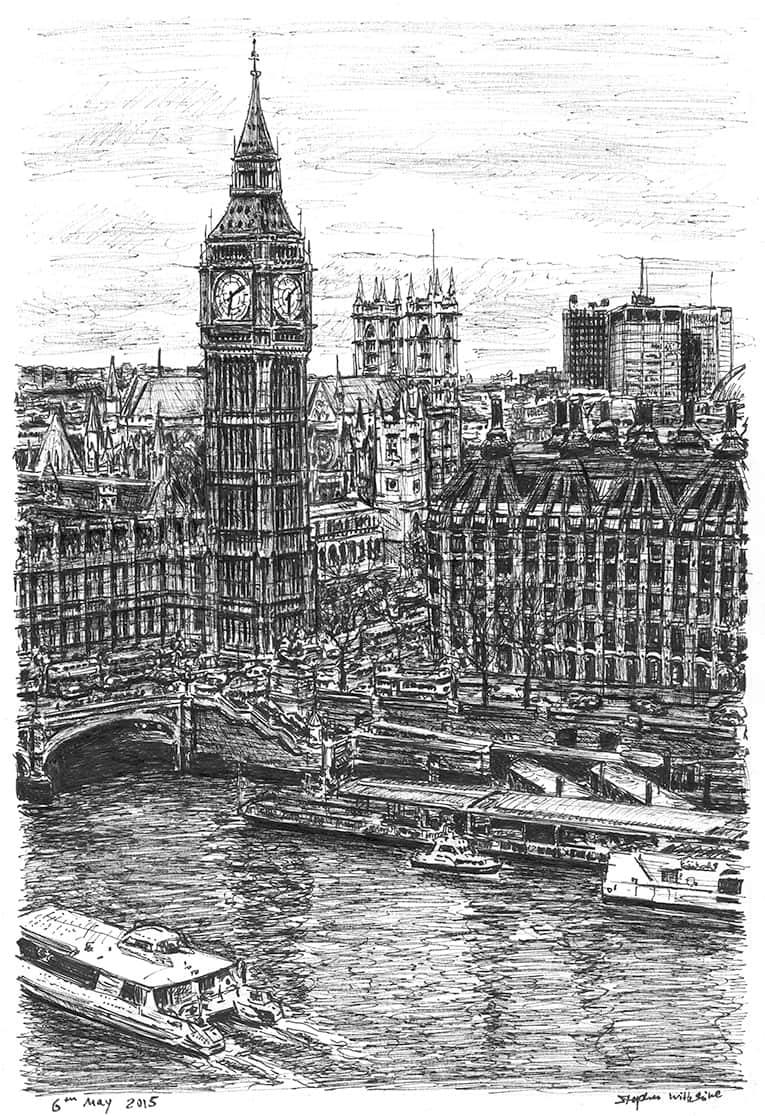 Big Ben and the River Thames - Original Drawings and Prints for Sale