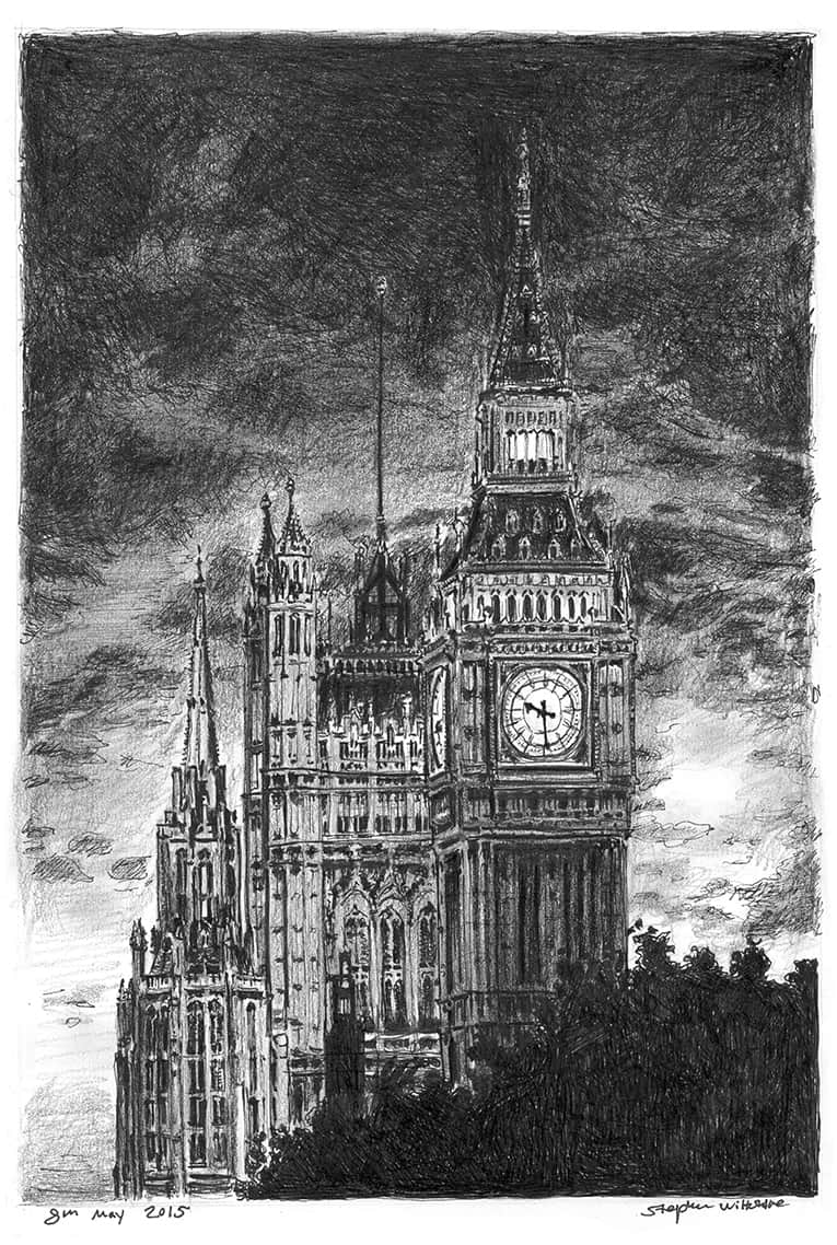 Big Ben at night - Original Drawings and Prints for Sale