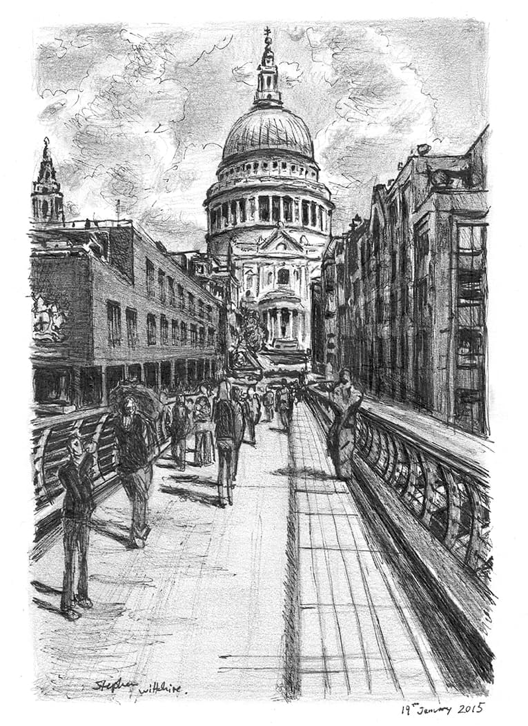 St Pauls from the Millennium Bridge - Original Drawings and Prints for Sale