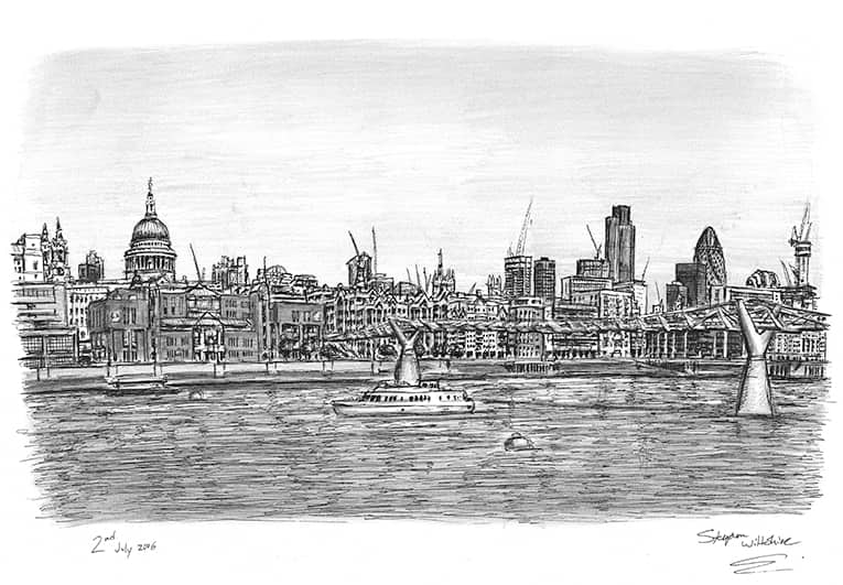 View of St Pauls Cathedral and Millennium Bridge - Original Drawings and Prints for Sale