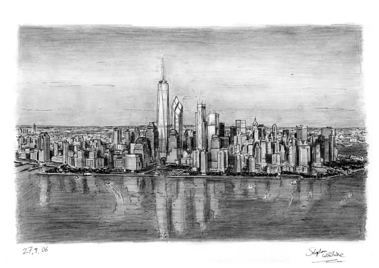 Aerial view of Freedom Tower - Original Drawings and Prints for Sale