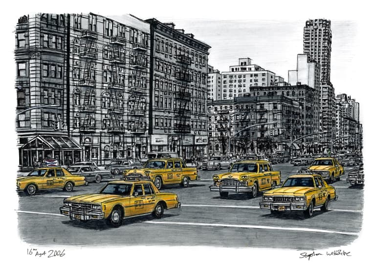 Street scene with New York taxis - Original Drawings and Prints for Sale