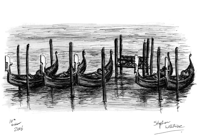 Gondolas on water in Venice - Original Drawings and Prints for Sale