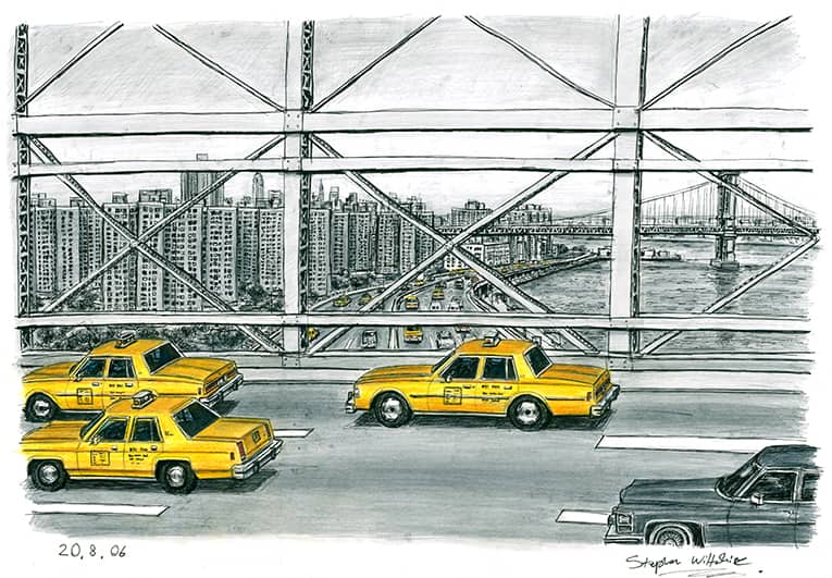 Some New York taxis from Brooklyn Bridge - Original Drawings and Prints for Sale
