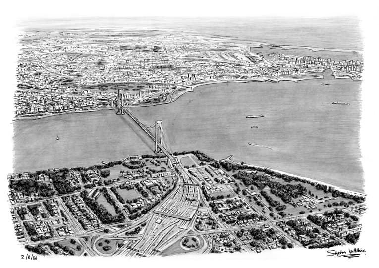 Aerial view of Verrazano Narrow Bridge US - Original Drawings and Prints for Sale
