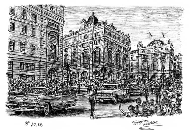 Regent street showing American cars driving down - Original Drawings and Prints for Sale