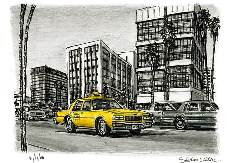 Yellow Taxi passing by Wilshire Boulevard - Original Drawings and Prints for Sale