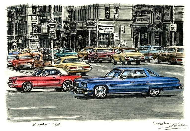 Lots of american cars on the streets of New York City - Original Drawings and Prints for Sale