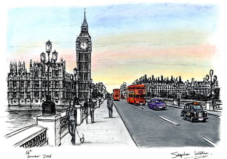 Big Ben and Houses of Parliament from Westminster Bridge - Original Drawings and Prints for Sale