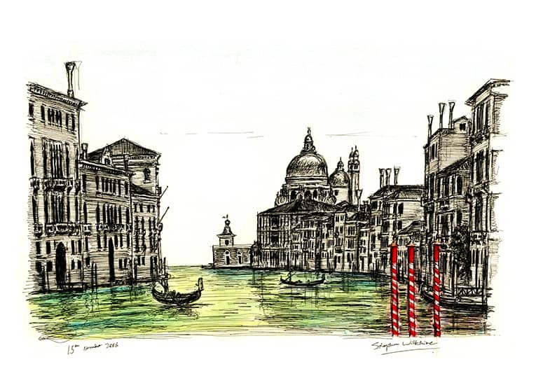 Birds eye view of Salute in Venice - Original Drawings and Prints for Sale