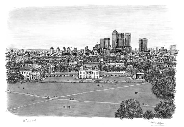 View of Canary Wharf and Docklands from Greenwich - Original Drawings and Prints for Sale