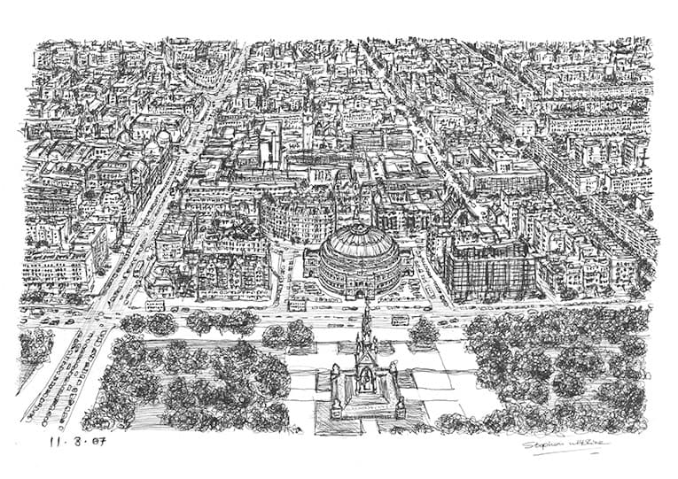 Aerial view of Royal Albert Hall and Kensington - Original Drawings and Prints for Sale