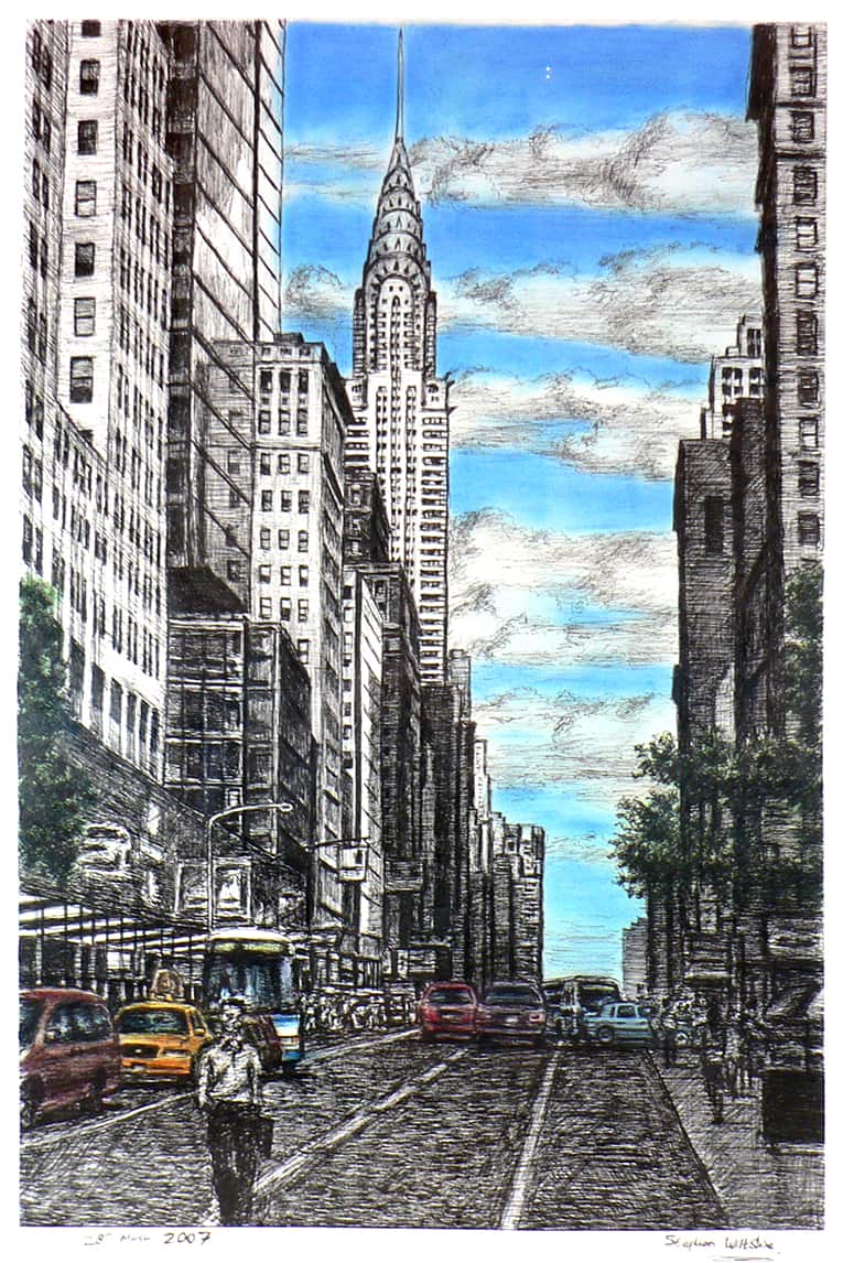 Chrysler Building with street scene in New York - Original Drawings and Prints for Sale