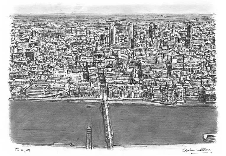 Aerial view of St Pauls Cathedral and Millennium Bridge - Original Drawings and Prints for Sale