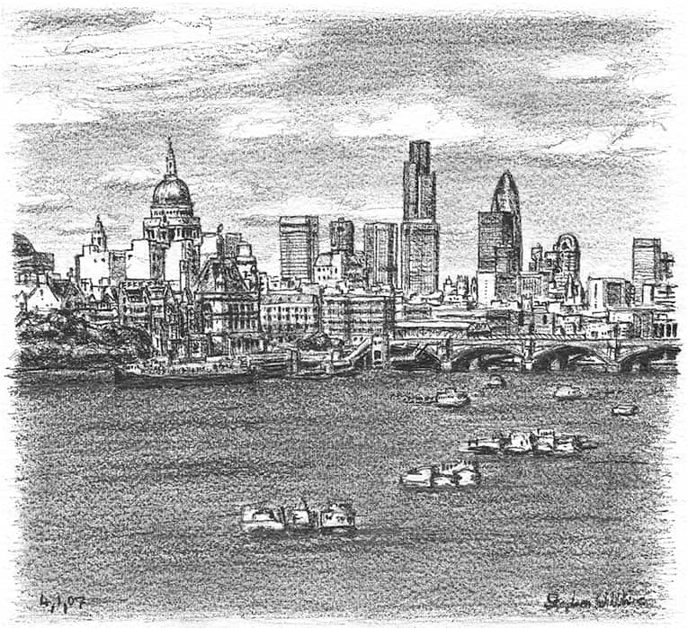 St Pauls Cathedral and London City Skyline - Original Drawings and Prints for Sale