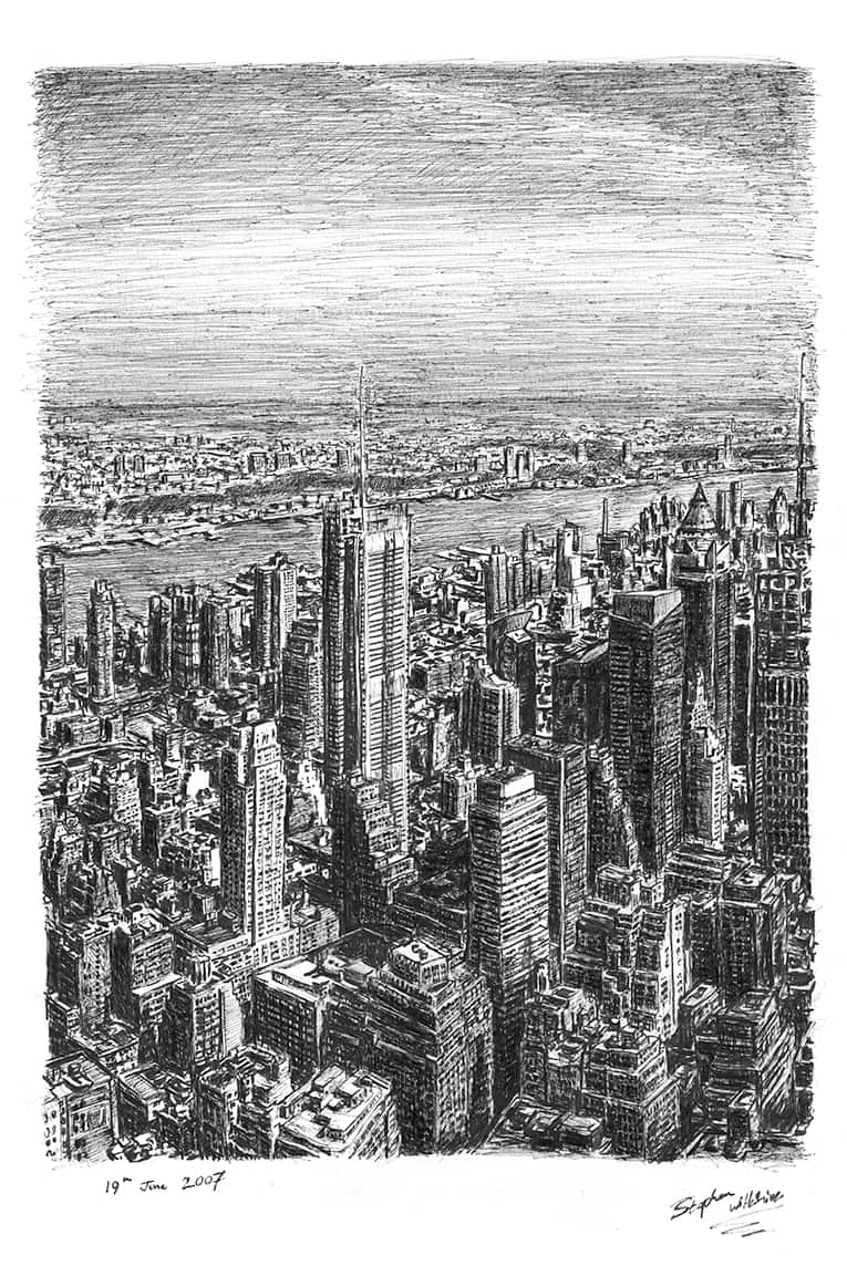 Manhattan Skyline from top of Empire State - Original Drawings and Prints for Sale
