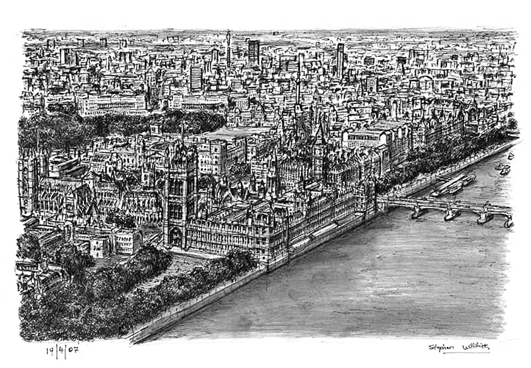 Aerial view of Houses of Parliament - Original Drawings and Prints for Sale