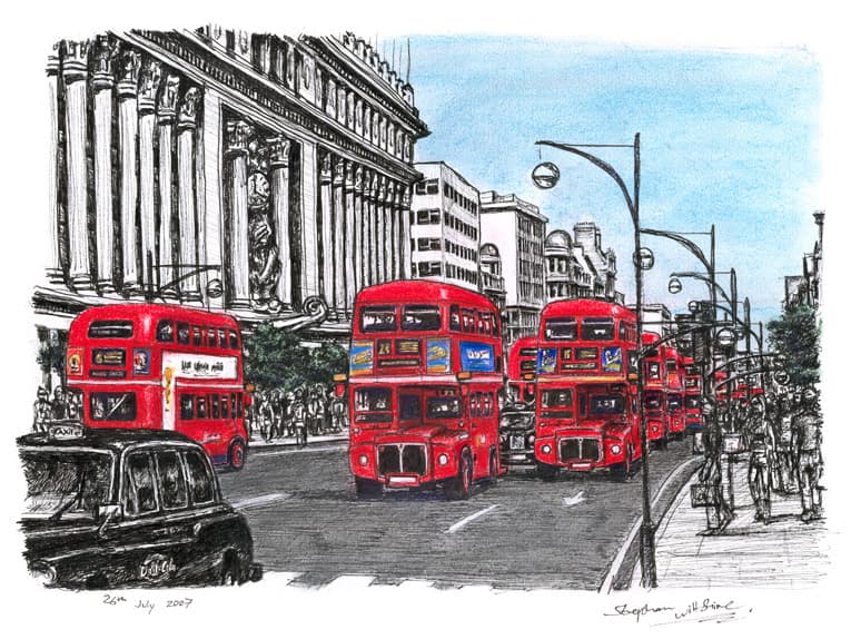 Red buses on Oxford Street - Limited Edition of 100 - Original Drawings and Prints for Sale