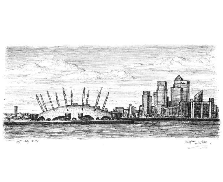 Millennium Dome and view of Canary Wharf - Original Drawings and Prints for Sale