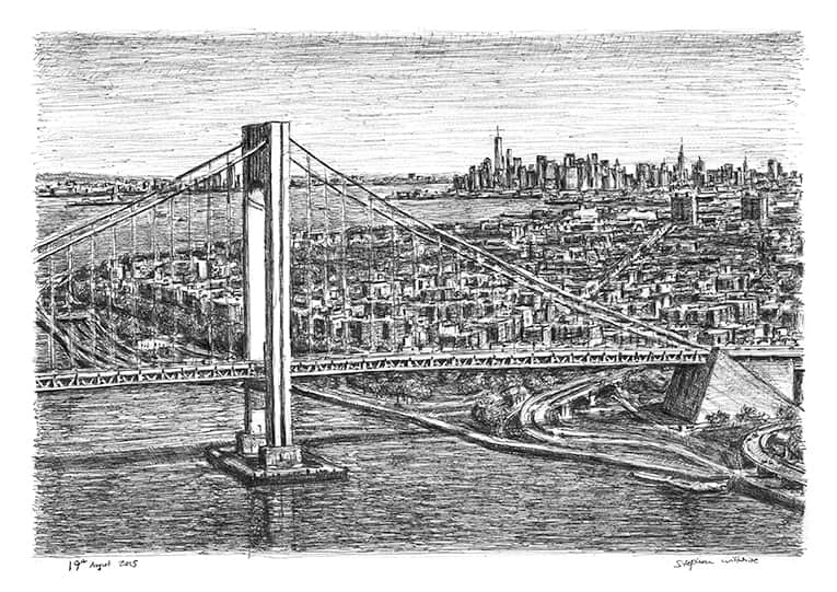 Aerial view of Verrazano Narrows Bridge - Original Drawings and Prints for Sale