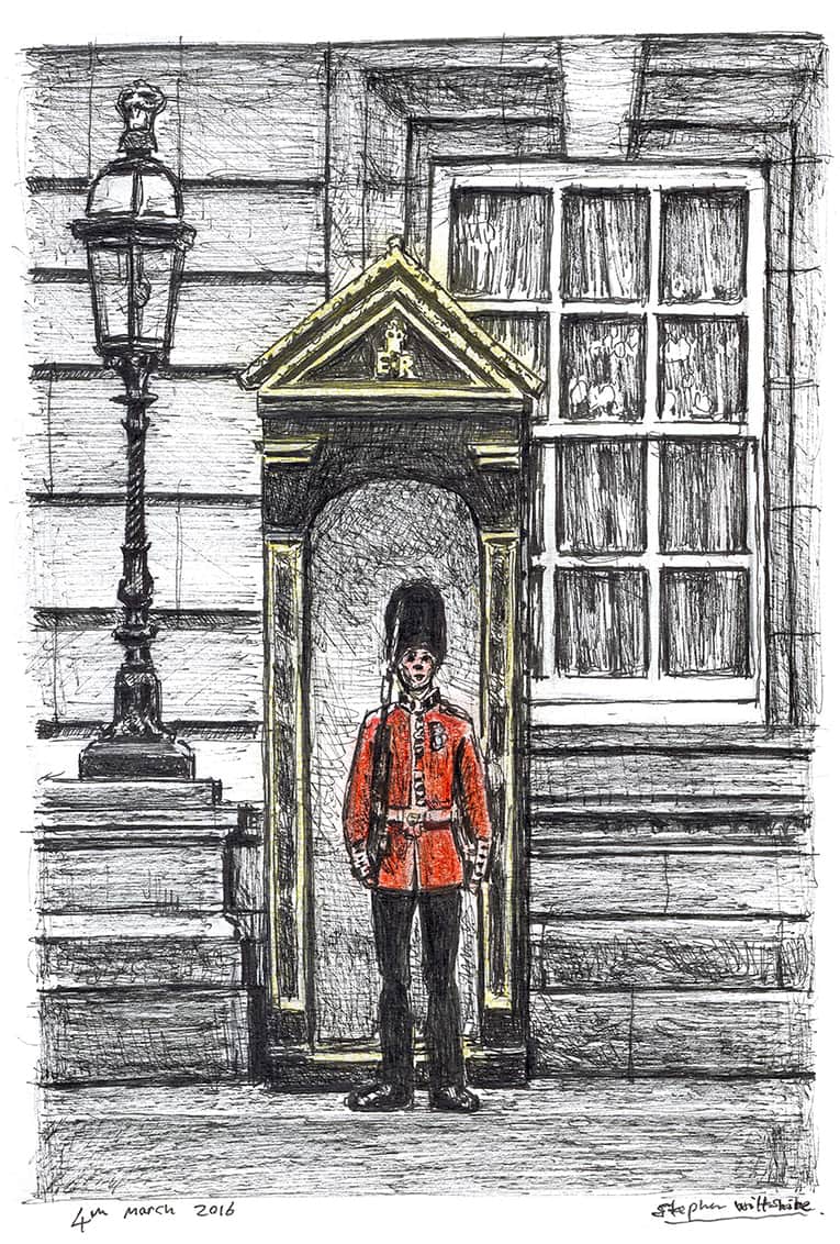 Soldier guarding Buckingham Palace - Original Drawings and Prints for Sale