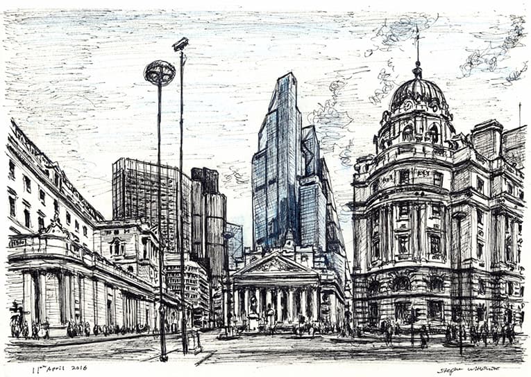 22 Bishopsgate Bank of England and Royal Exchange - Original Drawings and Prints for Sale
