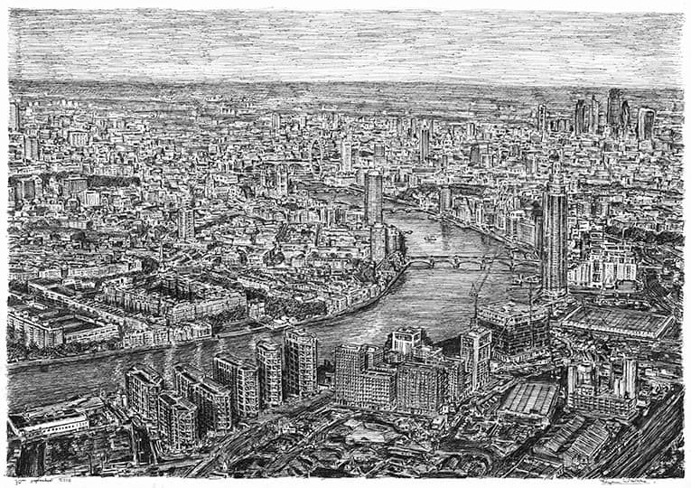 Aerial view of the Nine Elms Development, London - Original Drawings and Prints for Sale