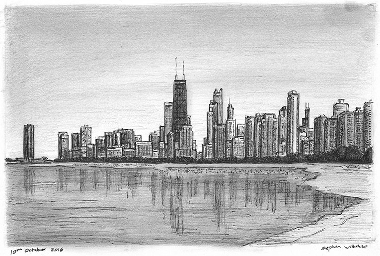 Chicago skyline from Lakeshore Drive - Original Drawings and Prints for Sale