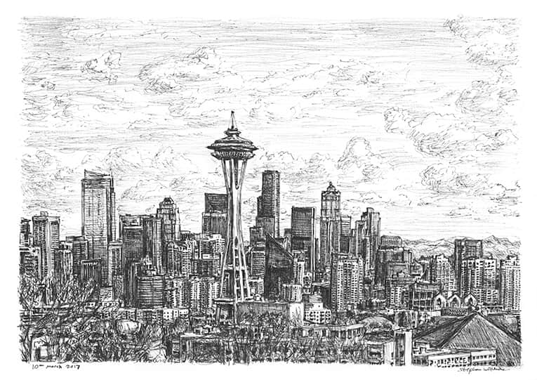 Seattle skyline - Original Drawings and Prints for Sale