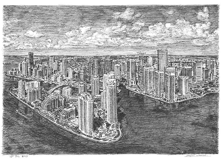Aerial view of Downtown Miami - Original Drawings and Prints for Sale