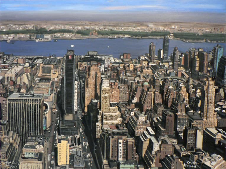 Manhattan Skyline from top of Empire State - oil on canvas - Original Drawings and Prints for Sale