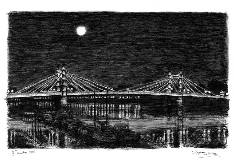 Albert Bridge at night - Original Drawings and Prints for Sale