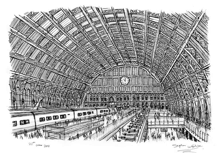 Interior of St Pancras Station - Original Drawings and Prints for Sale